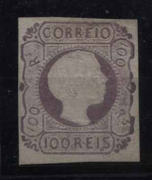 24Lis1278.jpg -     Lote:    1278            Portugal       Descrição:         1855/56 &mdash; D. Pedro V, cabelos lisos. CE9, 100 reis lilás, com margens curtas. Valor de catálogo &euro; 1.370,00.        *       Valor Base:     &euro; 200,00     Valor Venda:     Retirado     