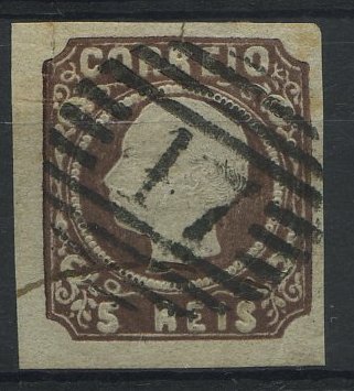 24Lis1284.jpg -     Lote:    1284            Portugal       Descrição:         1862/1864 &mdash; D. Luís I. CE14, 5 reis castanho, margens normais, obliterado com carimbo numérico da 1.ª reforma "47 - VENDAS NOVAS".        O       Valor Base:     &euro; 10,00     Valor Venda:     &euro; 10,00     