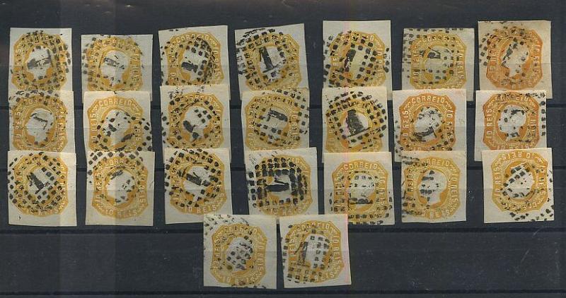 24Lis1288.jpg -     Lote:    1288            Portugal       Descrição:         1862/64 &mdash; D. Luís I. CE15, 10 reis amarelo laranja a amarelo laranja claro. Lote de 23 selos, todos obliterados com carimbo de pontos n.º 1 de LISBOA. Todos os selos com boas margens. Valor de catálogo &euro; 1.840,00.        Lote       Valor Base:     &euro; 75,00     Valor Venda:     Retirado     