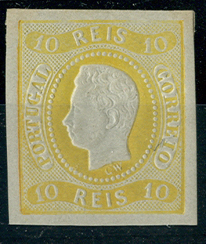 24Lis1294.jpg -     Lote:    1294            Portugal       Descrição:         1867/70 &mdash; D. Luís I. Fita curva, não denteados. CE20, 10 reis amarelo, margens normais. Valor de catálogo &euro; 393,00.        **       Valor Base:     &euro; 80,00     Valor Venda:     &euro; 80,00     