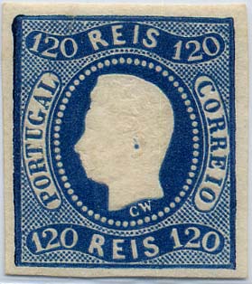 24Lis1299.jpg -     Lote:    1299            Portugal       Descrição:         1866/1867 &mdash; D. Luís I. Fita curva, não denteado. CE26, 120 reis azul. Margens normais. Valor de catálogo &euro; 540,00.        R**       Valor Base:     &euro; 40,00     Valor Venda:     &euro; 55,00     