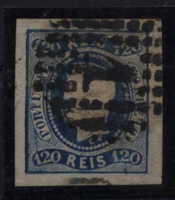 24Lis1300.jpg -     Lote:    1300            Portugal       Descrição:         1866/67 &mdash; D. Luís I fita curva, não denteados. CE26, 120 reis azul com boas margens. Valor de catálogo &euro; 123,00.        O       Valor Base:     &euro; 25,00     Valor Venda:     Retirado     
