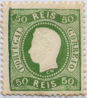 24Lis1306.jpg -     Lote:    1306            Portugal       Descrição:         1870/1876 &mdash; D. Luís I. Fita direita. CE41, 50 reis bistre verde, denteado 12 &frac12;, papel liso. Valor de catálogo &euro; 241,00.        R**       Valor Base:     &euro; 24,00     Valor Venda:     &euro; 28,00     