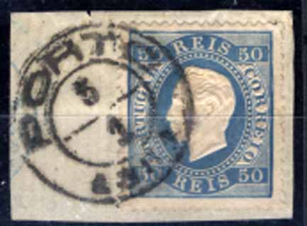 24Lis1311.jpg -     Lote:    1311            Portugal       Descrição:         1879/1880 &mdash; D. Luís I, fita direita. Novas cores. CE50, 50 reis azul, denteado 13 &frac12;, sobre fragmento. Valor de catálogo &euro; 90,30.        FRG       Valor Base:     &euro; 10,00     Valor Venda:     &euro; 10,00     