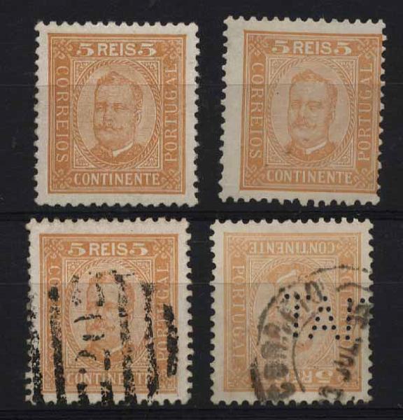 24Lis1327.jpg -     Lote:    1327            Portugal       Descrição:         1892/93 &mdash; D. Carlos I tipo Diogo Neto. CE68, 5 reis amarelo. Lote composto por selos novo e usado em denteado 11 &frac12;, papel porcelana + selos novo e usado em papel pontinhado 11 &frac12;. Valor de catálogo &euro; 46,80.        **/O       Valor Base:     &euro; 10,00     Valor Venda:     &euro; 10,00     