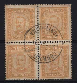 24Lis1328.jpg -     Lote:    1328            Portugal       Descrição:         1892/93 &mdash; D. Carlos I tipo Diogo Neto. CE68, 5 reis amarelo, denteado 11 &frac12;, papel porcelana. Quadra obliterada com CCD de Ponte de Lima. Valor de catálogo &euro; 27,20.        O       Valor Base:     &euro; 5,00     Valor Venda:     &euro; 8,00     