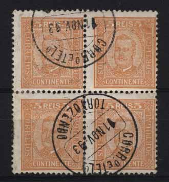 24Lis1329.jpg -     Lote:    1329            Portugal       Descrição:         1892/93 &mdash; D. Carlos I tipo Diogo Neto. CE68, 5 reis amarelo, denteado 11 &frac12;, papel porcelana. Quadra obliterada com CCD de TORTOZENDO. Valor de catálogo &euro; 27,20.        O       Valor Base:     &euro; 5,00     Valor Venda:     &euro; 8,00     