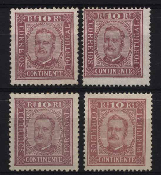 24Lis1330.jpg -     Lote:    1330            Portugal       Descrição:         1892/93 &mdash; D. Carlos I tipo Diogo Neto. CE69, 10 reis violeta vermelho. Lote de 4 selos em denteado 12 &frac12; e 13 &frac12; em papel porcelana + 11 &frac12; e 13 &frac12; em papel pontinhado. Valor de catálogo &euro; 228,60.        **/*       Valor Base:     &euro; 45,00     Valor Venda:     &euro; 70,00     