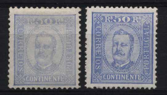 24Lis1336.jpg -     Lote:    1336            Portugal       Descrição:         1892/93 &mdash; D. Carlos I tipo Diogo Neto. CE71, 50 reis azul a azul cinzento. Lote de dois selos em papel porcelana, um em denteado 11 &frac12; e outro em 12 &frac12;. Valor de catálogo &euro; 148,20.        **       Valor Base:     &euro; 28,00     Valor Venda:     &euro; 28,00     