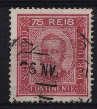 24Lis1339.jpg -     Lote:    1339            Portugal       Descrição:         1892/93 &mdash; D. Carlos I tipo Diogo Neto. CE72, 75 reis carmim, papel porcelana, denteado 13 &frac12;. Valor de catálogo &euro; 51,30.        O       Valor Base:     &euro; 10,00     Valor Venda:     &euro; 18,00     