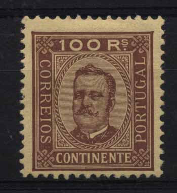 24Lis1341.jpg -     Lote:    1341            Portugal       Descrição:         1892/93 &mdash; D. Carlos I tipo Diogo Neto. CE73, 100 reis castanho s/ amarelo, papel porcelana, denteado 11 &frac12;. Valor de catálogo &euro; 639,00.        **       Valor Base:     &euro; 125,00     Valor Venda:     &euro; 200,00     