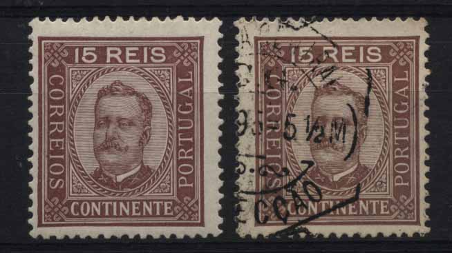 24Lis1345.jpg -     Lote:    1345            Portugal       Descrição:         1892/93 &mdash; D. Carlos I tipo Diogo Neto. CE74, 15 reis castanho. Lote de dois selos em novo e usado, em denteado 13 &frac12;, papel porcelana. Valor de catálogo &euro; 72,30.        **/O       Valor Base:     &euro; 15,00     Valor Venda:     &euro; 15,00     