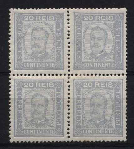 24Lis1347.jpg -     Lote:    1347            Portugal       Descrição:         1892/93 &mdash; D. Carlos I tipo Diogo Neto. CE75, 20 reis violeta azul, papel porcelana, denteado 12 &frac12;. Quadra, com dois selos com pontos de óxido. MR. Valor de catálogo &euro; 229,20.        **       Valor Base:     &euro; 45,00     Valor Venda:     &euro; 85,00     