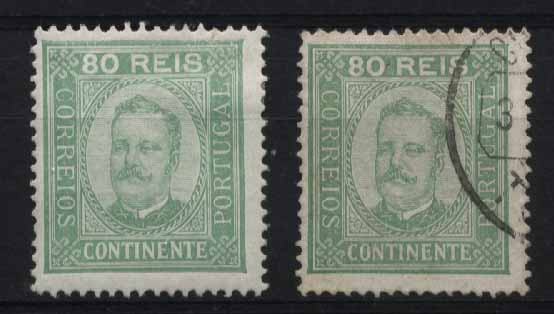 24Lis1349.jpg -     Lote:    1349            Portugal       Descrição:         1892/93 &mdash; D. Carlos I tipo Diogo Neto. CE76, 80 reis verde claro, papel porcelana, denteado 13 &frac12;. Valor de catálogo &euro; 237,80.        **/O       Valor Base:     &euro; 45,00     Valor Venda:     &euro; 45,00     