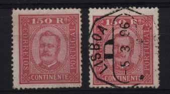 24Lis1351.jpg -     Lote:    1351            Portugal       Descrição:         1892/93 &mdash; D. Carlos I tipo Diogo Neto. CE77, 150 reis carmim s/ rosa, papel porcelana, denteado 13 &frac12;. Lote de dois selos, um novo e outro usado. Valor de catálogo &euro; 359,80.        **/O       Valor Base:     &euro; 70,00     Valor Venda:     &euro; 70,00     