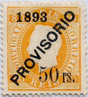 24Lis1360.jpg -     Lote:    1360            Portugal       Descrição:         1892/1893 &mdash; D. Luís I. Sobrecargas "PROVISÓRIO". CE96, 50 s/ 80 reis amarelo laranja. Valor de catálogo &euro; 215,00. MB.        R**       Valor Base:     &euro; 24,00     Valor Venda:     &euro; 30,00     
