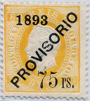 24Lis1361.jpg -     Lote:    1361            Portugal       Descrição:         1892/1893 &mdash; D. Luís I. Sobrecargas "PROVISÓRIO". CE97, 75 s/ 80 reis amarelo. Valor de catálogo &euro; 127,00. MB.        **       Valor Base:     &euro; 24,00     Valor Venda:     &euro; 26,00     