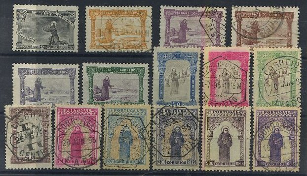 24Lis1365.jpg -     Lote:    1365            Portugal       Descrição:         1895 &mdash; 7.º Centenário do Nascimento de S. António. CE111/125. Série completa em usado com excepção dos selos de 2 &frac12;, 20, 25 e 50 reis em novo. Valor de catálogo &euro; 2.165,00.        O       Valor Base:     &euro; 300,00     Valor Venda:     &euro; 340,00     