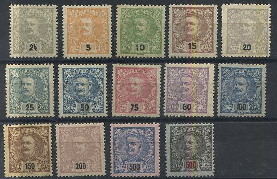 24Lis1369.jpg -     Lote:    1369            Portugal       Descrição:         1895/96 &mdash; D. Carlos I, tipo Mouchon. CE126/139. Série completa. Valor de catálogo &euro; 906,00.        **       Valor Base:     &euro; 140,00     Valor Venda:     &euro; 140,00     