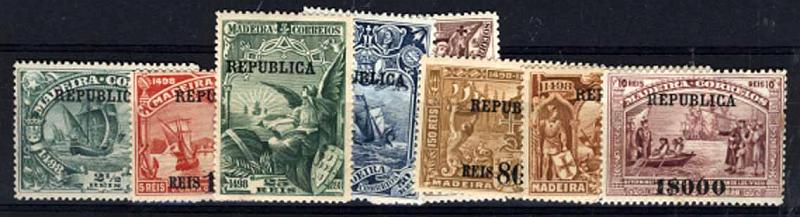 24Lis1372.jpg -     Lote:    1372            Portugal       Descrição:         1911/12 &mdash; 4.º Centenário do Descobrimento do Caminho Marítimo para a Índia com sobrecarga e sobretaxa sobre selos postais da Madeira. CE198/205. Série completa com os selos regomados. Valor de catálogo &euro; 396,00.        RG***       Valor Base:     &euro; 40,00     Valor Venda:     &euro; 65,00     