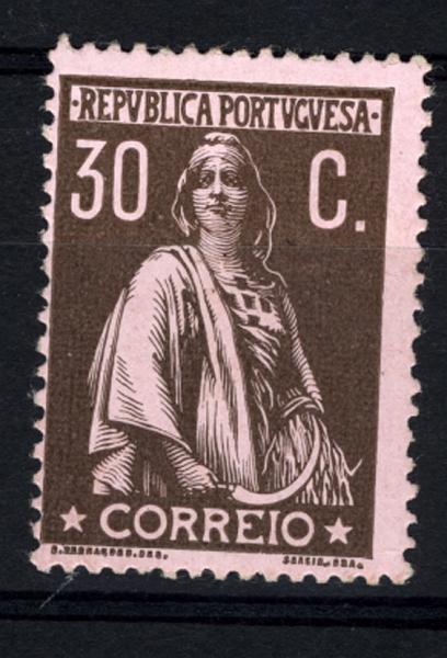 24Lis1377.jpg -     Lote:    1377            Portugal       Descrição:         1912 &mdash; Ceres. CE218, 30C castanho s/ rosa, papel porcelana colorido espesso, denteado 15x14. Valor de catálogo &euro; 214,00.        **       Valor Base:     &euro; 30,00     Valor Venda:     &euro; 30,00     