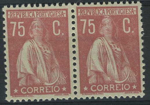 24Lis1383.jpg -     Lote:    1383            Portugal       Descrição:         1923 &mdash; Ceres. Novas taxas e cores. CE257, 75C lilás rosa. Par horizontal em denteado 12x11 &frac12;. Valor de catálogo &euro; 76,20.        ***       Valor Base:     &euro; 14,00     Valor Venda:     &euro; 30,00     