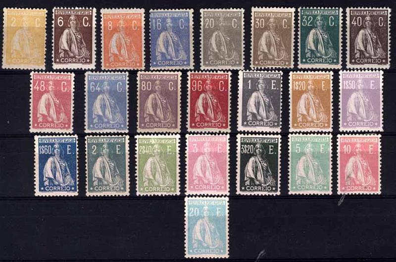 24Lis1384.jpg -     Lote:    1384            Portugal       Descrição:         1924/26 &mdash; Ceres. Novas taxas e cores. CE276/298. Série completa. Valor de catálogo &euro; 2.137,00.        **       Valor Base:     &euro; 400,00     Valor Venda:     Retirado     