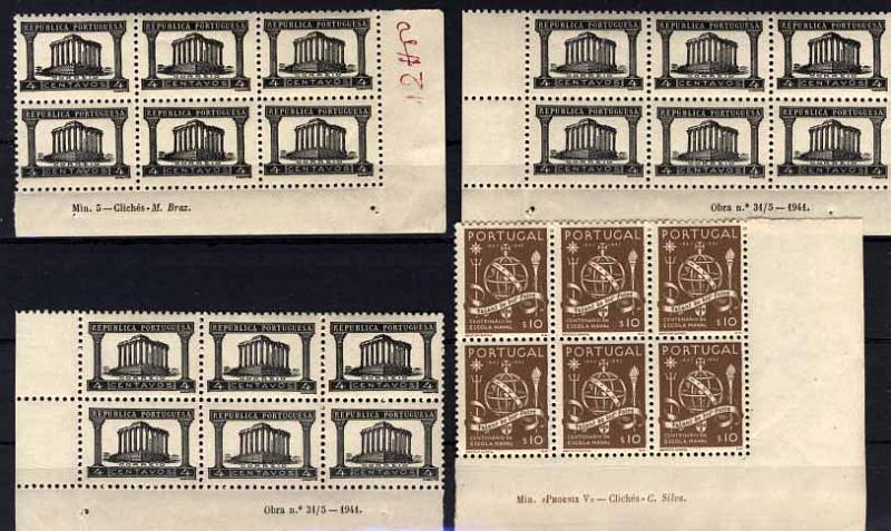 24Lis1412.jpg -     Lote:    1412            Portugal       Descrição:         1935/45 &mdash; Templo de Diana + 1.º Centenário da Escola Naval. Lote composto por: CE565, 4c preto a preto cinzento, em 3 blocos de 6 selos, cantos de folha com inscrições marginais "Min. 5 &mdash; Clichés &mdash; M. Braz", "Obra n.º 31/5 &mdash; 1941"; CE660, $10 castanho em bloco de 6 selos, canto de folha com a inscrição marginal "Min. Phienix V &mdash; Clichés &mdash; C. Silva".        ***       Valor Base:     &euro; 10,00     Valor Venda:     &euro; 32,00     