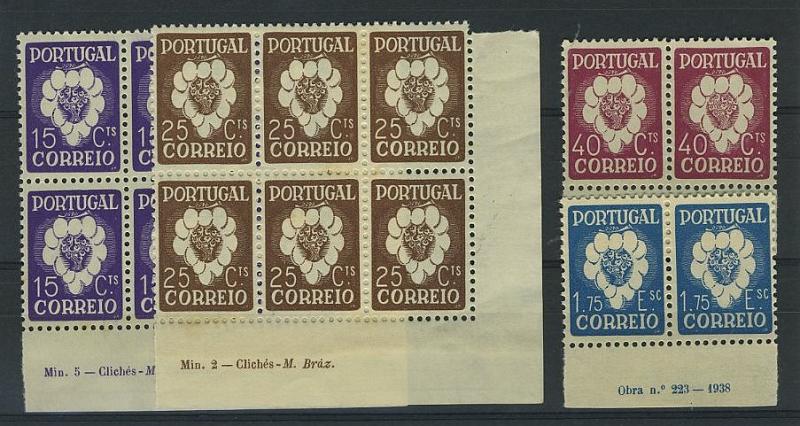 24Lis1418.jpg -     Lote:    1418            Portugal       Descrição:         1938 &mdash; 5.º Congresso da Vinho e do Vinho. CE579/82. Série completa. Selos de 15 e 25C em blocos de 6 selos "coin datées" + selos de 40C e 1$75 em pares horizontais "coin datés". Valor de catálogo &euro; 272,00.        ***       Valor Base:     &euro; 45,00     Valor Venda:     &euro; 60,00     