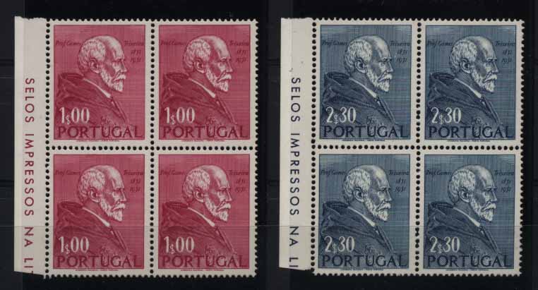 24Lis1456.jpg -     Lote:    1456            Portugal       Descrição:         1952 &mdash; 1.º Centenário do Nascimento do Prof. Gomes Teixeira. CE753/754. Série completa em quadras. Valor de catálogo &euro; 61,20.        ***       Valor Base:     &euro; 10,00     Valor Venda:     &euro; 32,00     