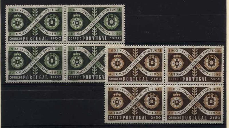 24Lis1462.jpg -     Lote:    1462            Portugal       Descrição:         1953 &mdash; Centenário do Automóvel Clube de Portugal. CE782/83. Série completa em quadras. CE782/83. Valor de catálogo &euro; 104,60.        ***       Valor Base:     &euro; 15,00     Valor Venda:     &euro; 32,00     