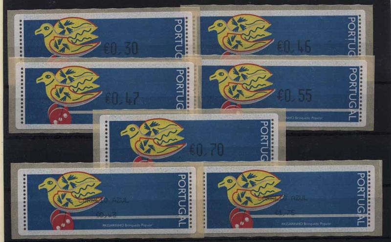 24Lis1477.jpg -     Lote:    1477            Portugal       Descrição:         1996 &mdash; Passarinho. Taxas em euros. Máquina CROUZET. CE ETQ12D. Séries completas para correio ordinário e correio azul. Não catalogada.        ETQ       Valor Base:     &euro; 40,00     Valor Venda:     &euro; 40,00     