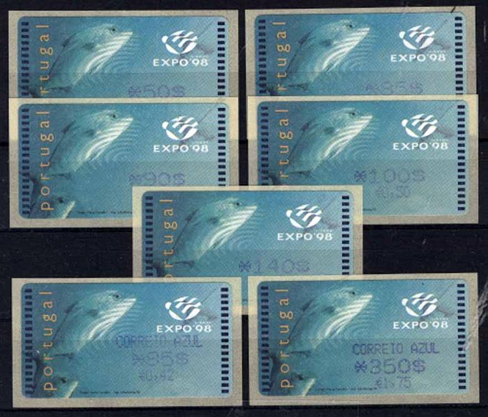 24Lis1482.jpg -     Lote:    1482            Portugal       Descrição:         1998 &mdash; Expo'98. CE ETQ16A. Máquina EMIEL. Dupla afixação da taxa. Correio ordinário + correio azul. Valor de catálogo &euro; 30,00        ETQ       Valor Base:     &euro; 10,00     Valor Venda:     Retirado     