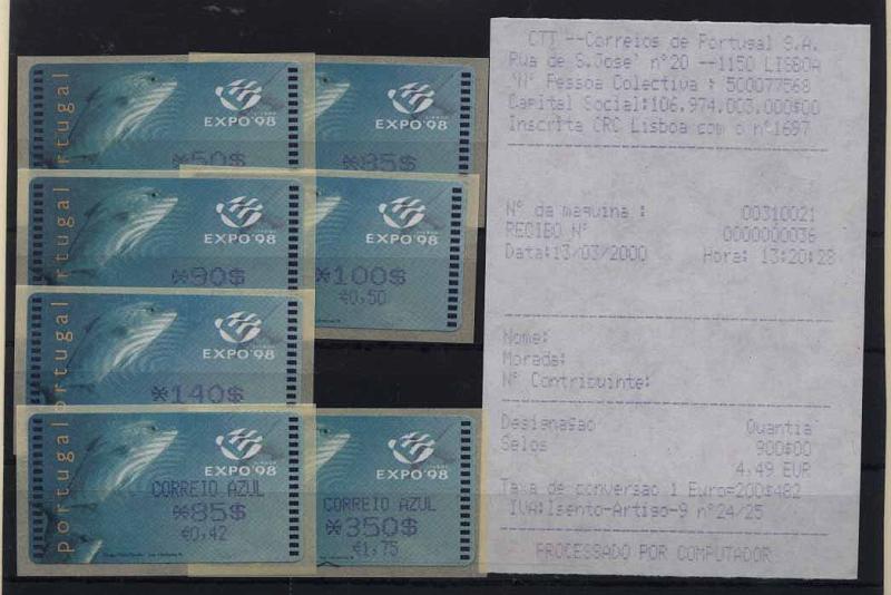 24Lis1483.jpg -     Lote:    1483            Portugal       Descrição:         1998 &mdash; Expo 98. Dupla afixação da taxa. CE ETQ16B. Máquina AMIEL. Séries completas para correio ordinário e correio azul. Inclui recibo (13.03.2000).        ETQ       Valor Base:     &euro; 25,00     Valor Venda:     Retirado     