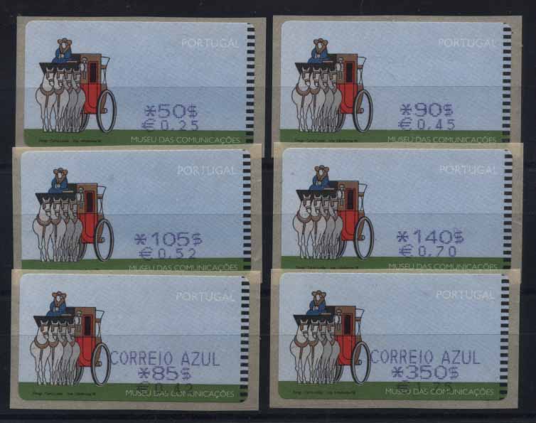 24Lis1484.jpg -     Lote:    1484            Portugal       Descrição:         1998 &mdash; Museu das Comunicações. Dupla afixação da taxa. CE ETQ17A. Máquina SMD. Série completa para o correio ordinário e azul. Valor de catálogo &euro; 35,00.        ETQ       Valor Base:     &euro; 20,00     Valor Venda:     Retirado     