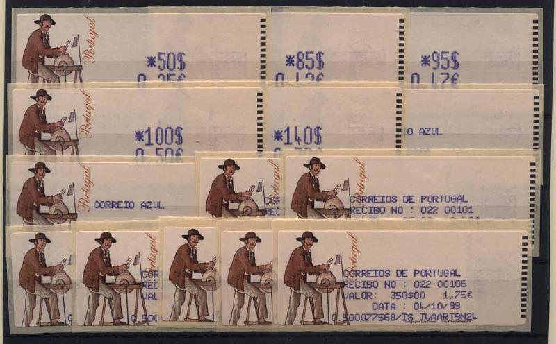 24Lis1486.jpg -     Lote:    1486            Portugal       Descrição:         1999 &mdash; Amolador. Dupla afixação da taxa. CE ETQ18A. Máquina Crouzet. Série completa para correio ordinário e azul com os respectivos recibos. Taxas impressas a violeta. Não catalogada nesta cor.        ETQ       Valor Base:     &euro; 25,00     Valor Venda:     &euro; 42,00     