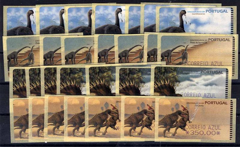 24Lis1487.jpg -     Lote:    1487            Portugal       Descrição:         1999 &mdash; Dinossáurios em Portugal. CE ETQ20. Maquina SMD. Séries completas do correio ordinário e azul, nas quatro gravuras (28 etiquetas). Valor de catálogo &euro; 110,00.        ETQ       Valor Base:     &euro; 25,00     Valor Venda:     &euro; 42,00     