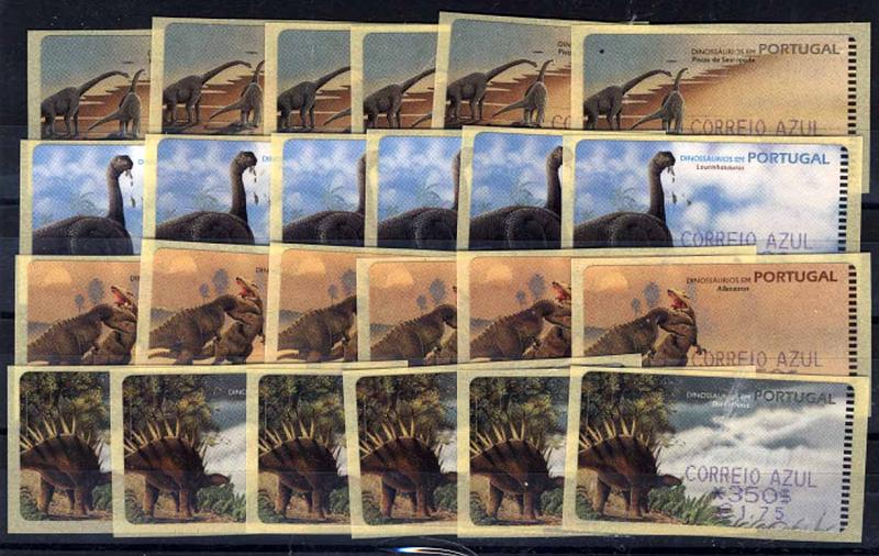24Lis1488.jpg -     Lote:    1488            Portugal       Descrição:         1999 &mdash; Dinossáurios em Portugal. CE ETQ20A. Maquina SMD. Dupla afixação da taxa. Séries completas do correio ordinário e azul, nas quatro gravuras (28 etiquetas). Valor de catálogo &euro; 110,00.        ETQ       Valor Base:     &euro; 25,00     Valor Venda:     &euro; 32,00     