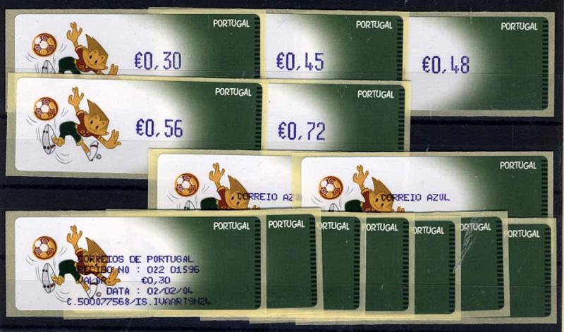 24Lis1496.jpg -     Lote:    1496            Portugal       Descrição:         2004 &mdash; Kinas. CE ETQ28. Máquina AMIEL. Valores na cor violeta com vírgula. Séries completas para o correio ordinário e correio azul. Valores de 2003 ainda em vigor em Fevereiro de 2004. Acompanham os respectivos recibos.        ETQ       Valor Base:     &euro; 15,00     Valor Venda:     Retirado     