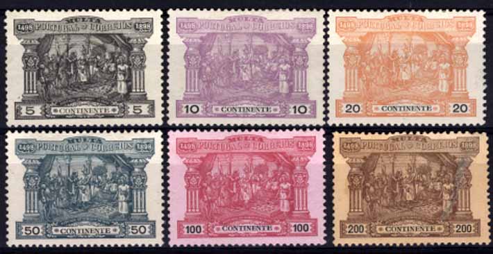 24Lis1505.jpg -     Lote:    1505            Portugal       Descrição:         1898 &mdash; Porteado. 4.º Centenário do Descobrimento do Caminho Marítimo para a Índia. CE POR1/6. Série completa com os selos regomados. Valor de catálogo &euro; 398,00.        RG**       Valor Base:     &euro; 40,00     Valor Venda:     &euro; 40,00     