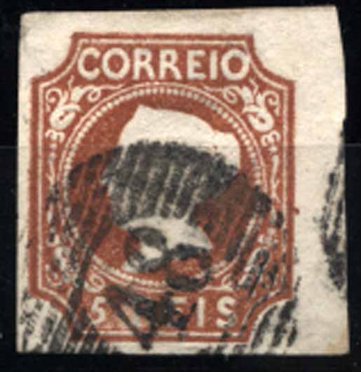 24Lis1510.jpg -     Lote:    1510            Açores       Descrição:         Precursores. 1853 &mdash; D. Maria II. 5 reis castanho, cunho I, obliterado com carimbos numéricos de barras batido a preto "48 &mdash; Angra". Selo com duas margens curtas + duas boas margens. Valor de catálogo &euro; 1.850,00. B.        O       Valor Base:     &euro; 200,00     Valor Venda:     &euro; 380,00     