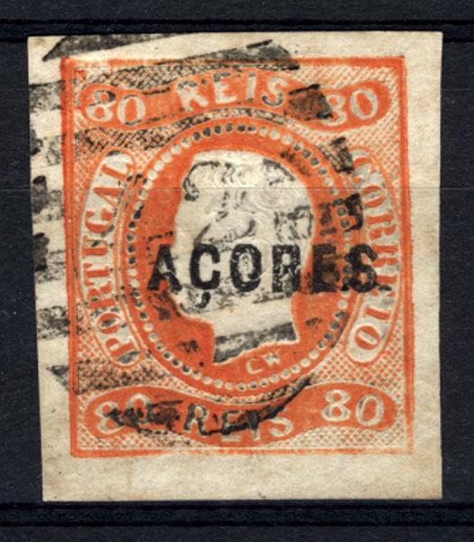 24Lis1515.jpg -     Lote:    1515            Açores       Descrição:         1868 &mdash; D. Luís I. Fita curva. Não denteados. CE5, 80 reis laranja, com carimbo numérico de barras da 2.ª reforma 42 &mdash; ANGRA DO HEROÍSMO (Terceira). Boas margens. Valor de catálogo &euro; 235,00.        O       Valor Base:     &euro; 35,00     Valor Venda:     &euro; 35,00     