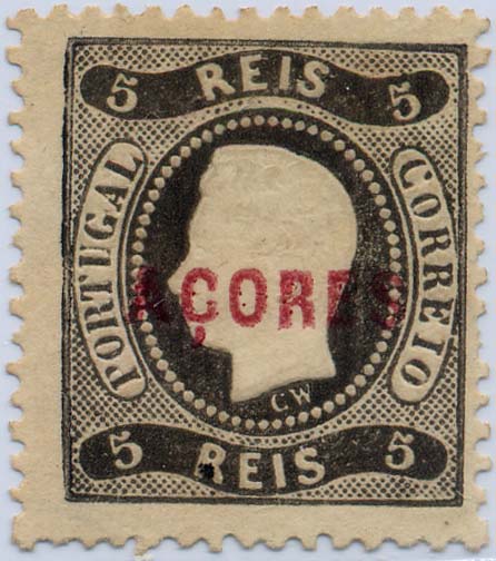 24Lis1516.jpg -     Lote:    1516            Açores       Descrição:         1868/70 &mdash; D. Luís I. Fita curva. Denteados. CE7, 5 reis preto. Valor de catálogo &euro; 95,80.        *       Valor Base:     &euro; 20,00     Valor Venda:     &euro; 20,00     