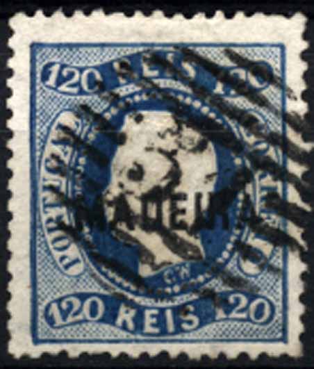 24Lis1520.jpg -     Lote:    1520            Açores       Descrição:         1868/70 &mdash; D. Luís I. Fita curva denteado. Selos do Continente com sobrecarga MADEIRA. CE12, 120 reis azul, obliterado com carimbo de barras da 1.ª reforma "51 &mdash; FUNCHAL". Valor de catálogo &euro; 136,00.        O       Valor Base:     &euro; 30,00     Valor Venda:     &euro; 80,00     