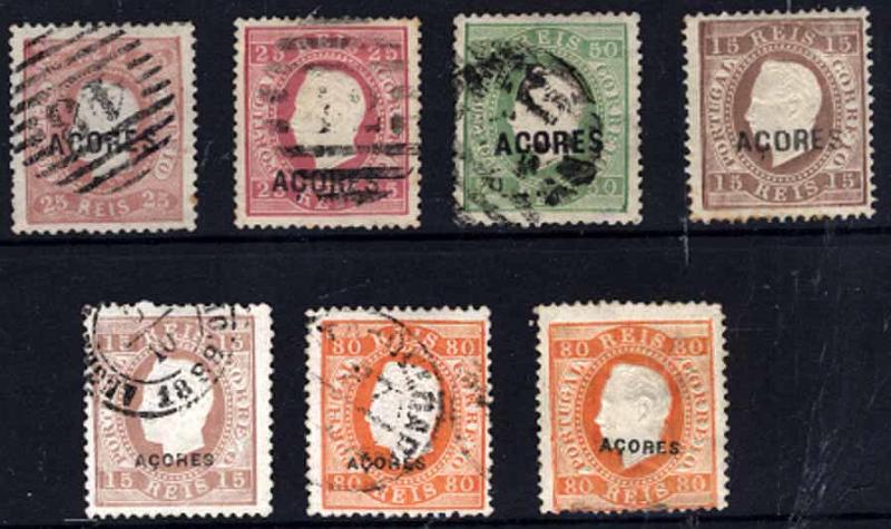 24Lis1524.jpg -     Lote:    1524            Açores       Descrição:         D. Luís I, fita curva denteados e fita direita. Lote de 7 selos, quatro usados CE10, 19, 20, 38 e 41 + dois novos (vestígios de ferrugem) CE 25 e 41. Valor de catálogo &euro; 444,65.        Lote       Valor Base:     &euro; 50,00     Valor Venda:     &euro; 50,00     