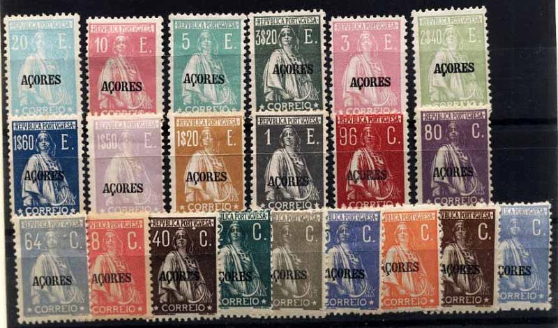 24Lis1530.jpg -     Lote:    1530            Açores       Descrição:         1924/1926 &mdash; Ceres. Selos do Continente com sobrecarga AÇORES. CE199/219. Série completa. Valor de catálogo &euro; 490,00.        **       Valor Base:     &euro; 100,00     Valor Venda:     &euro; 200,00     