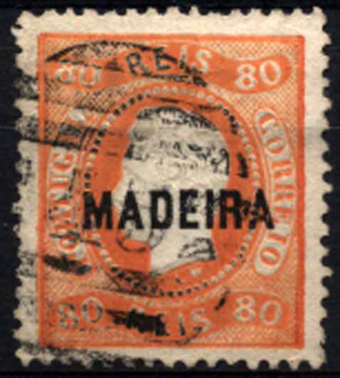 24Lis1534.jpg -     Lote:    1534            Madeira       Descrição:         1868/70 &mdash; D. Luís I. Fita curva denteado. Selos do Continente com sobrecarga MADEIRA. CE10, 80 reis laranja, obliterado com carimbo de barras da 2.ª reforma "45 &mdash; FUNCHAL". Valor de catálogo &euro; 242,00.        O       Valor Base:     &euro; 60,00     Valor Venda:     &euro; 60,00     