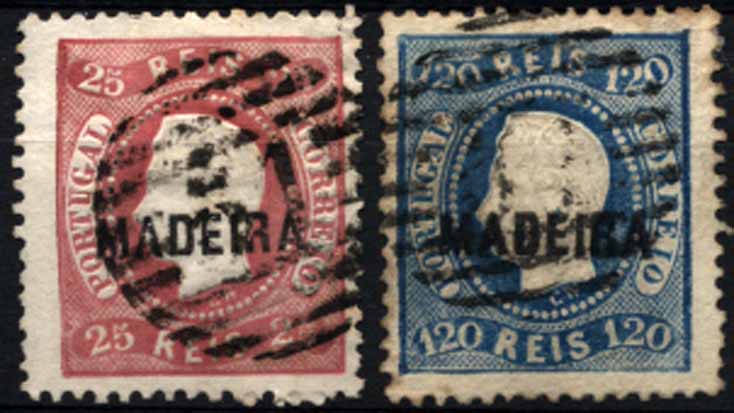 24Lis1535.jpg -     Lote:    1535            Madeira       Descrição:         1868/70 &mdash; D. Luís I. Fita curva denteado. Selos do Continente com sobrecarga MADEIRA. CE8, 25 reis carmim + CE12, 120 reis azul. Obliterados com carimbo de barras da 1.ª reforma "51 &mdash; FUNCHAL". Valor de catálogo &euro; 155,40.        O       Valor Base:     &euro; 35,00     Valor Venda:     &euro; 35,00     