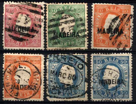 24Lis1536.jpg -     Lote:    1536            Madeira       Descrição:         Marcofilia diversa. 1870/76 &mdash; D. Luís I. Fita direita com sobrecarga MADEIRA. Lote de 6 selos de diversos valores, dois com ligeiros defeitos. Selos obliterados com carimbos de diversos tipos da Madeira. Lote a ver.        Lote       Valor Base:     &euro; 30,00     Valor Venda:     Retirado     