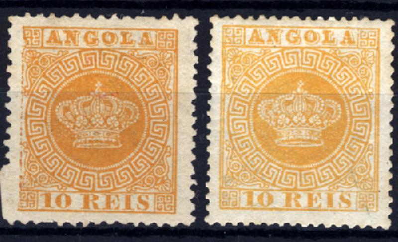 24Lis1545.jpg -     Lote:    1545            Angola       Descrição:         1870/1876 &mdash; Tipo Coroa. CE2, 10 reis amarelo laranja. Lote de dois selos, um em denteado 12 &frac12;, sem goma e outro em denteado 13 &frac12;, regomado. Valor de catálogo &euro; 72,00.        **/*       Valor Base:     &euro; 20,00     Valor Venda:     &euro; 32,00     